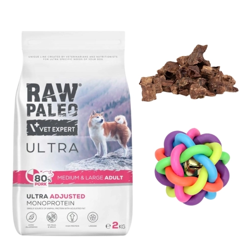 RAW PALEO WIEPRZOWINA Adult 2kg + PuzzoPrzysmak Płucka jagnięcee 1cm 100g + AN Piłka pleciona 10,5cm