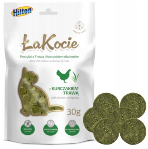 Hilton Liofilizowany Pastylki z trawą i kurczakiem 30g Przysmak dla kota
