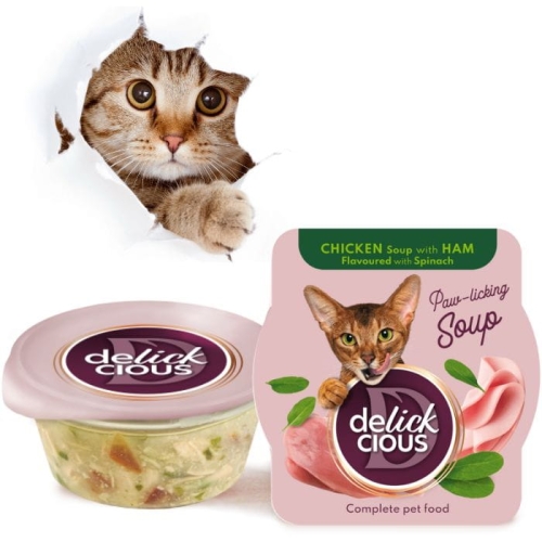 Delickcious Zupa z kurczakiem szynką i szpinakiem 80g karma dla kotów