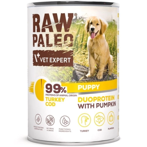 Vet Expert Raw Paleo Puppy Duoprotein indyk dorsz dynia mokra karma dla szczeniąt 400g