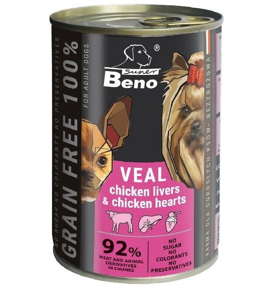 Super Beno Adult cielęcina wątróbka serca kąski mokra karma dla psa 415g