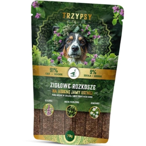  Trzy Psy Ziołowe rozkosze Paski z gęsi na higienę jamy ustnej Przysmak 70g
