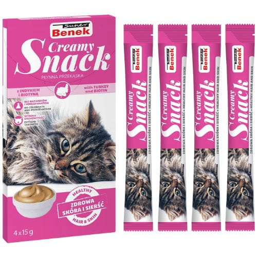 Super Benek Creamy Snack 4x15g Płynna Przekąska Dla Kotów Indyk I Biotyna