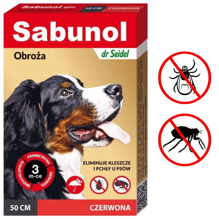 Sabunol obroża na pchły kleszcze wszy wszoły psa czerwona wodoodporna 50cm