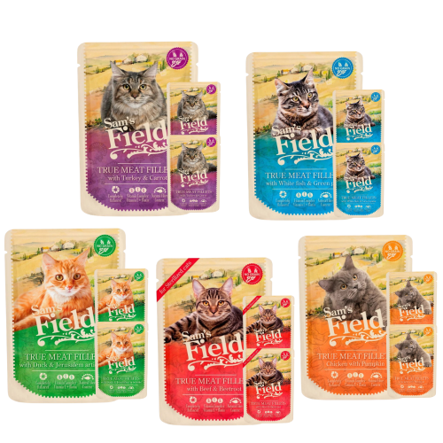 Sam's Field sasz.kot Kurczak z Dynią 3x85g +Sterilized Wołowina Burak 3x85g + Indyk z Marchewką 3x85g +Kaczka z Topinamburem 3x85g+Biała ryba z groszkiem 3x85g