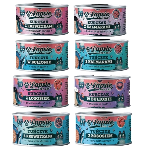 Łapsie MIX smaków kurczak, łosoś, tuńczyk, krewetki, kalmary 8x80g 