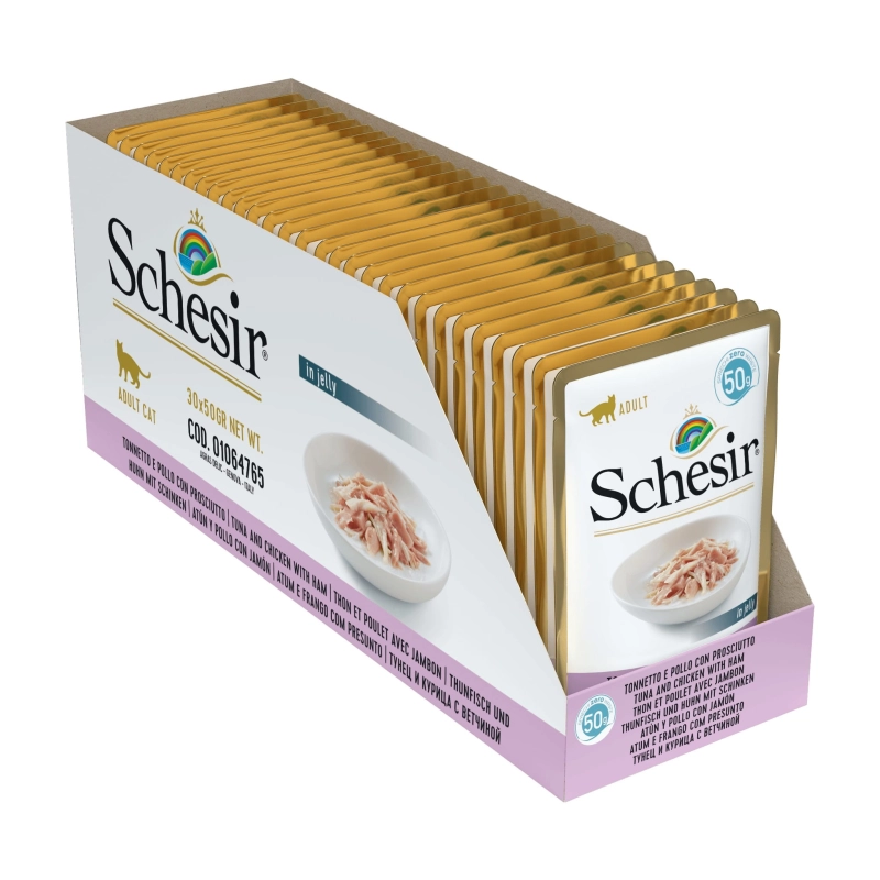 Schesir tuńczyk kurczak szynka filety w galaretce karma dla kota 30x 50g