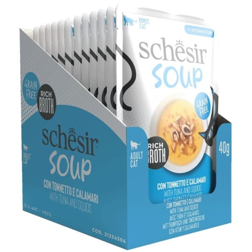Schesir Soup Zupa Tuńczyk z kalmarami Mokra karma dla kota Saszetki 12x 40g