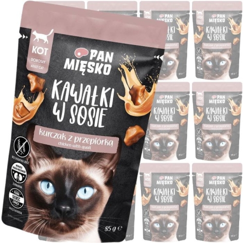 Pan Mięsko Karma mokra dla kota Kawałki w sosie Kurczak z przepiórką 12x85g