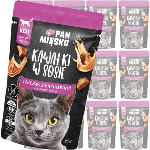 Pan Mięsko Karma mokra dla kota Kawałki w sosie Kurczak z krewetkami 12x85g
