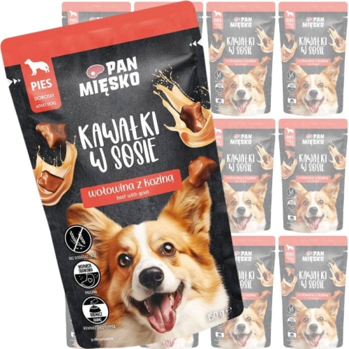 Pan Mięsko Karma mokra dla psa Kawałki w sosie Wołowina z kozą 10 x 150g