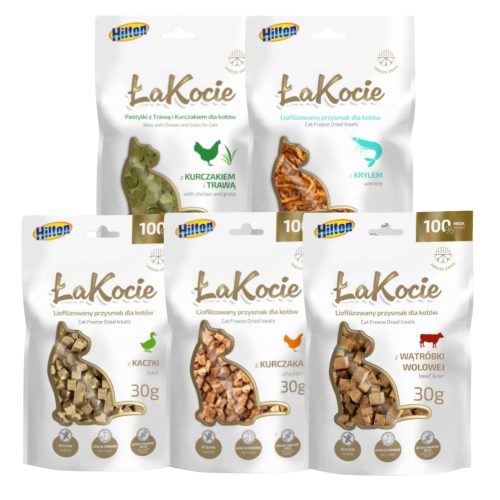 Hilton Liofilizowany przysmak z kurczaka 30g+ z krylem 30g +z wątróbka wołowej 30g+z kaczki 30g+z trawą i kurczakiem 30g