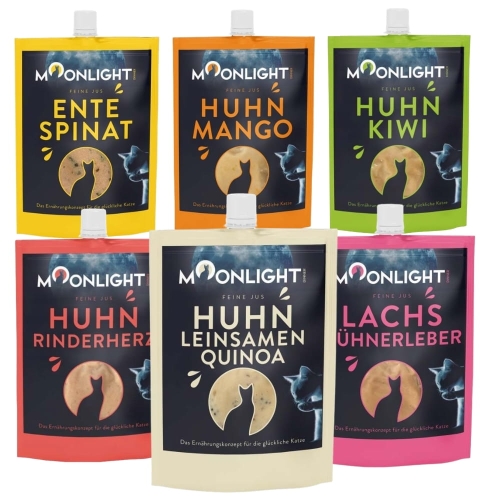 Moonlight Sos Łosoś z Wątróbką Drob. 60g + Kurczak z Siem. lnianym 60g + Kurczak z Sercami Woł. 60g + Kurczak z Mango 60g + Kurczak z Kiwi 60g + Kaczka ze Szpinakiem 60g