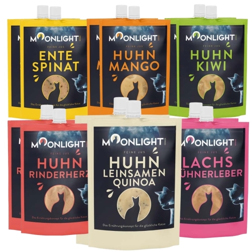 Moonlight Sos Łosoś z Wątróbką Drob. 2x60g + Kurczak z Siem. lnianym 2x60g + Kurczak z Sercami Woł. 2x60g + Kurczak z Mango 2x60g + Kurczak z Kiwi 2x60g + Kaczka ze Szpinakiem 2x60g