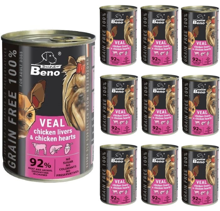 Super Beno Adult cielęcina wątróbka serca kąski mokra karma dla psa 10x 415g