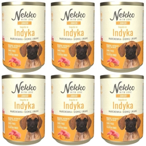 Nekko Junior indyk z marchewką siemię lniane mokra karma dla szczeniąt 6x 400g