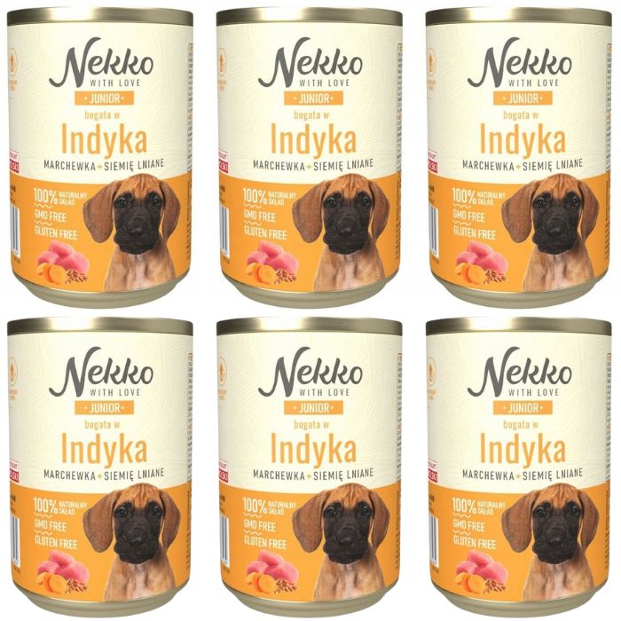 Nekko Junior indyk z marchewką siemię lniane mokra karma dla szczeniąt 6x 400g