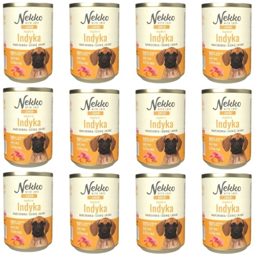 Nekko Junior indyk z marchewką siemię lniane mokra karma dla szczeniąt 12x 400g