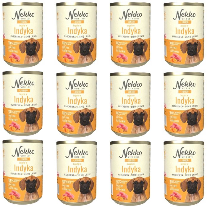 Nekko Junior indyk z marchewką siemię lniane mokra karma dla szczeniąt 12x 400g