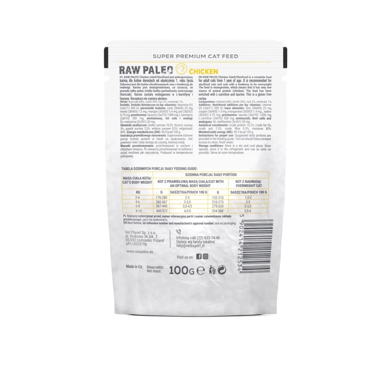 Vet Expert Raw Paleo kurczak monoproteinowa karma dla kota sterylizowanego 12x 100g