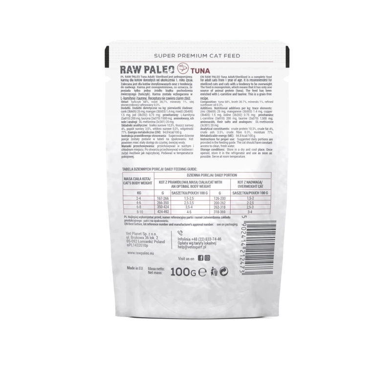 Vet Expert Raw Paleo tuńczyk monoproteinowa mokra karma dla kota sterylizowanego 12x 100g