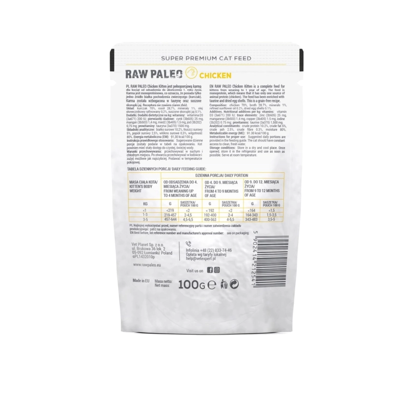 Vet Expert Raw Paleo Kitten kurczak monoproteinowa mokra karma dla kociąt 12x 100g
