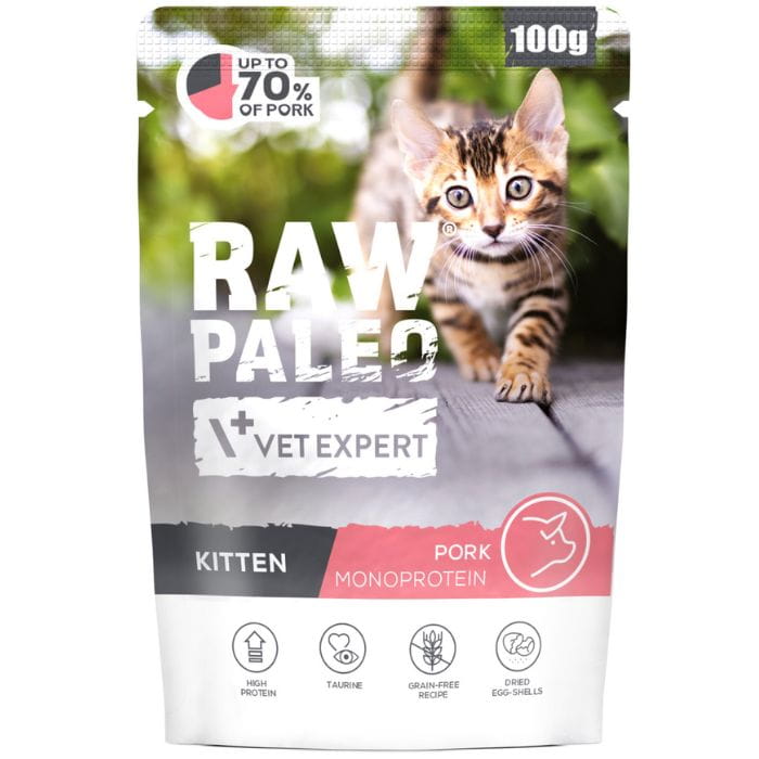 Vet Expert Raw Paleo Kitten Pork wieprzowina mono mokra karma dla kociąt saszetka 12x100g