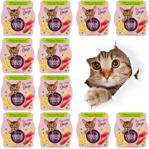 Delickcious Zupa z tuńczykiem kukurydzą i groszkiem 12 x 80g karma dla kotów