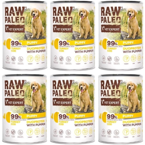 Vet Expert Raw Paleo Puppy Duoprotein indyk dorsz dynia mokra karma dla szczeniąt 6x 400g