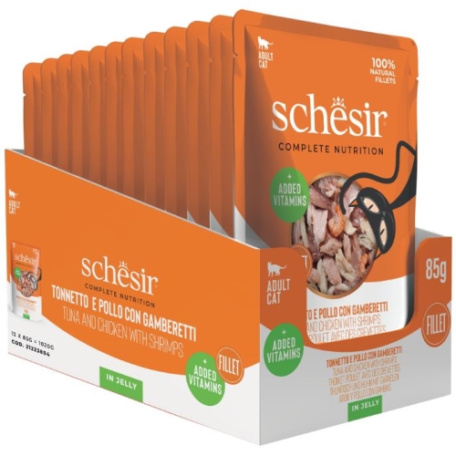Schesir Karma kot Tuńczyk z kurczakiem i krewetkami w galaretce 12 x 85g