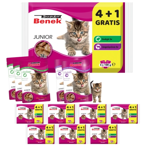 Super Benek Junior 4+1 indyk i jagnięcina dla kociąt 40x100 g