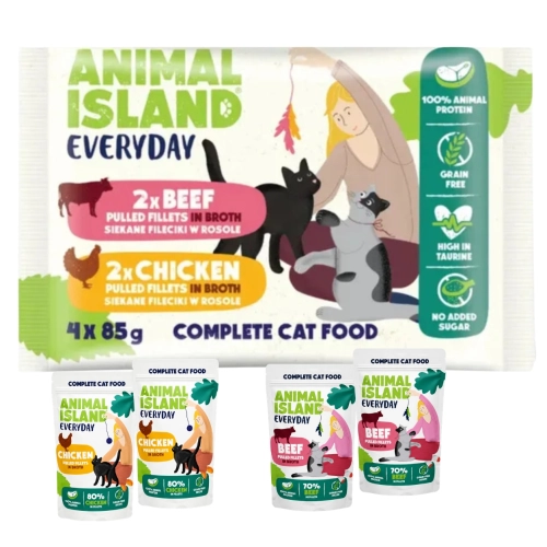 Animal Island Everyday kurczak wołowina fileciki w rosole dla kota 4x85 g