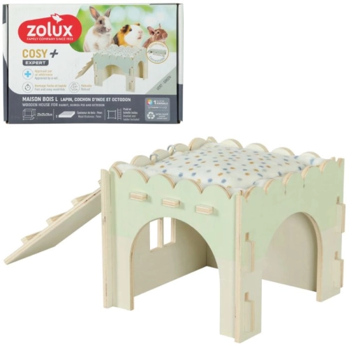 Zolux COSY domek drewniany dla królika kawii z kocykiem i drabinką 9 mm