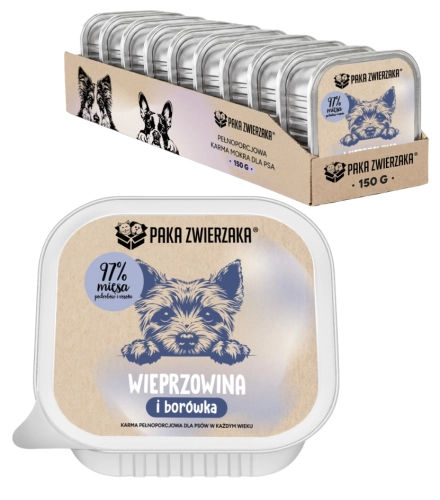Paka Zwierzaka wieprzowina z borówką tacka karma mokra dla psa 10x 150 g