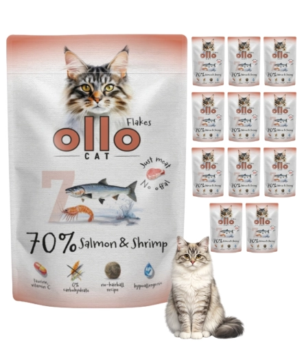 Ollo Cat nr 7 łosoś krewetki karma mokra dla kota bez zbóż FOS 12x 85 g
