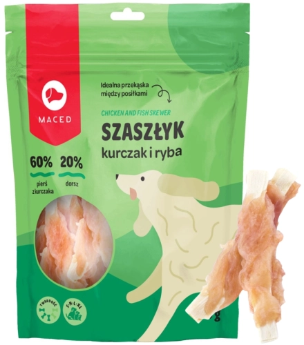 Maced szaszłyk z kurczaka i dorsza przysmak gryzak na patyku dla psa 500 g