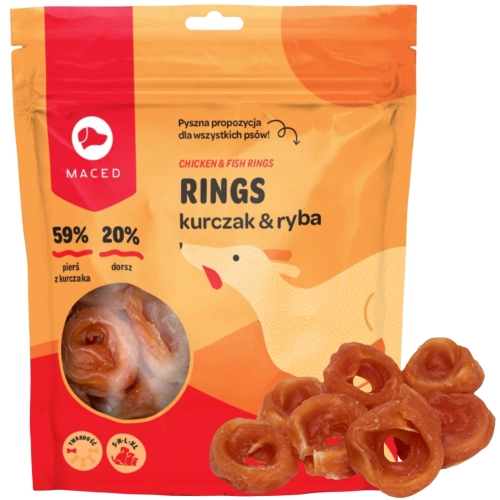 Maced pierścienie z kurczakiem i rybą miękki przysmak gryzak dla psa 500 g