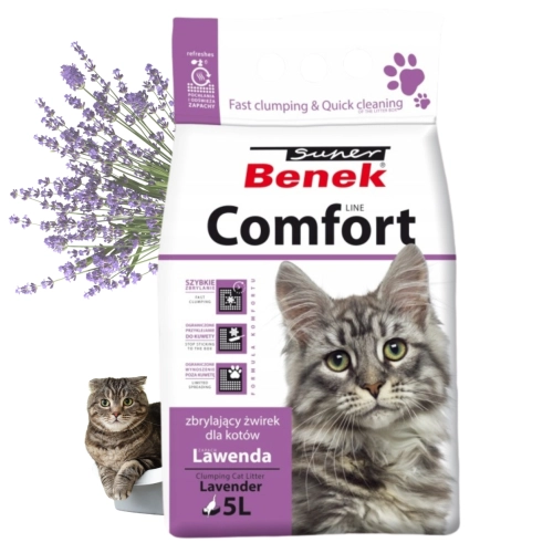 Super Benek Comfort Lawendowy żwirek bentonitowy zbrylający dla kota 5 L