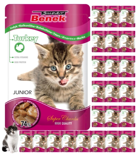 Super Benek Junior indyk kąski w sosie mokra karma dla kociąt 24x 100g