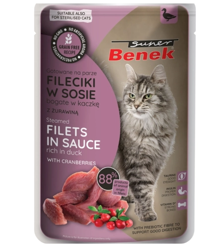 Super Benek Fileciki kaczka z żurawiną bezzbożowa mokra karma dla kota 85g