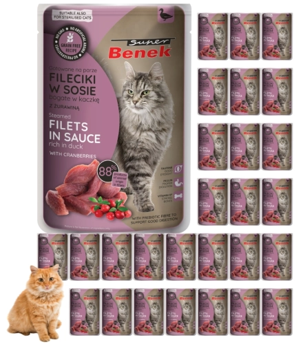 Super Benek Fileciki kaczka z żurawiną bezzbożowa mokra karma dla kota 28x 85 g