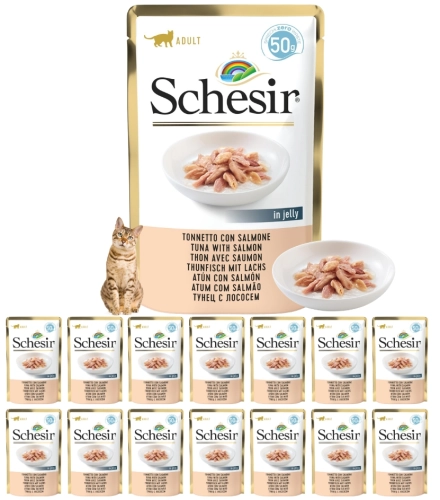 Schesir tuńczyk łosoś w galaretce mokra karma uzupełniająca dla kota 15x50g