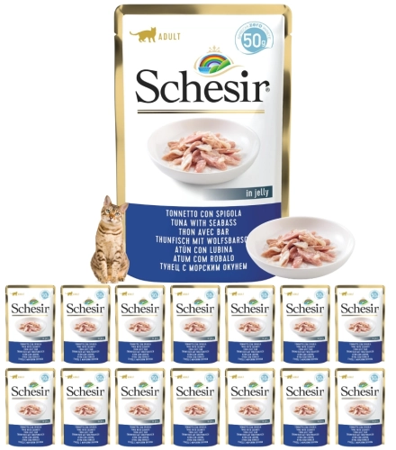 Schesir tuńczyk okoń morski w galaretce mokra karma dla dorosłego kota 15x 50g