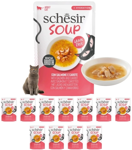 Schesir Soup łosoś z marchewką zupa mokra karma uzupełniająca dla kota 12x 40g