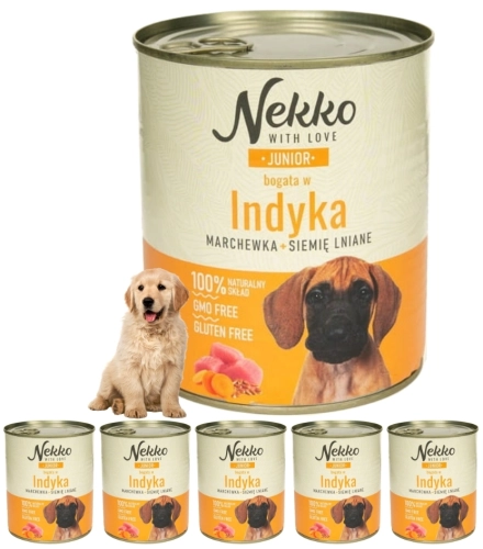 Nekko Junior indyk marchew siemię lniane mokra karma dla szczeniąt 6x 800g