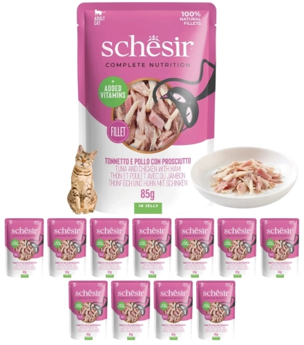 Schesir tuńczyk kurczak szynka filety w galaretce mokra karma dla kota 12x 85g
