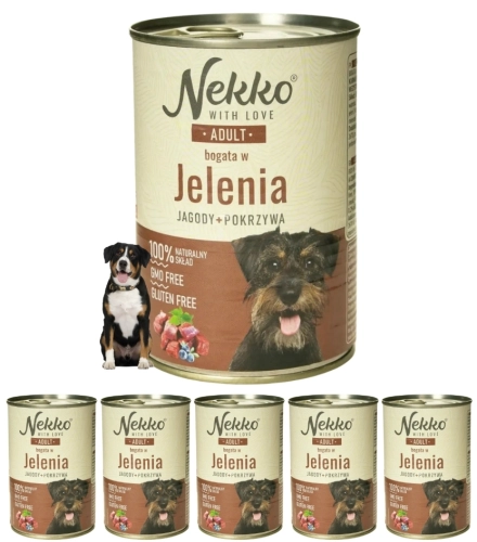 Nekko Adult jeleń z jagodami pokrzywą mokra karma dla psa skóra sierść 6x 400g