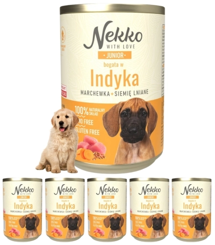 Nekko Junior indyk z marchewką siemię lniane mokra karma dla szczeniąt 6x 400g