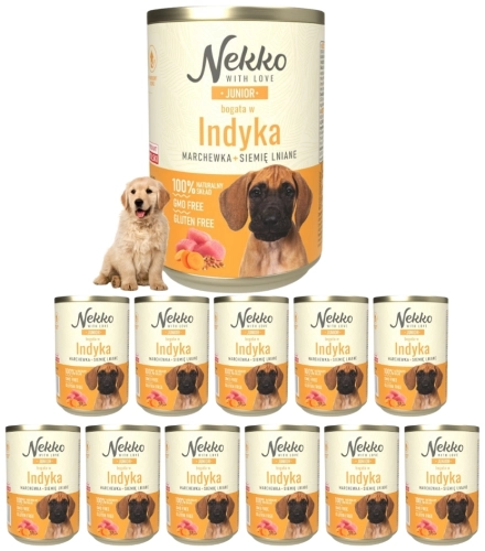 Nekko Junior indyk z marchewką siemię lniane mokra karma dla szczeniąt 12x 400g