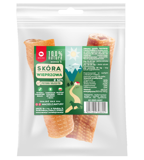 Maced 100% Natura Skóra Wieprzowa S naturalny gryzak przysmak dla psa 2szt